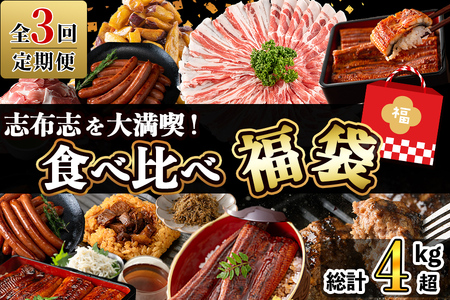 【定期便全３回】志布志を大満喫！食べ比べ福袋 総計４kg超 うなぎ 鰻 蒲焼き 6尾 鹿児島 黒豚 しゃぶしゃぶ 切り落とし ハンバーグ 冷凍 ウインナー 角煮 ちりめんじゃこ しらす 緑茶 紅茶 ウーロン茶 定期便 福袋 t0084-014