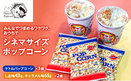 みんなでつまめるワクワク おうちでシネマサイズポップコーン(しお味43g キャラメル味65g)×2個とケトルパップコーン×3個［ ポップコーン お菓子 スイーツ 詰め合わせ 食べ比べ ］