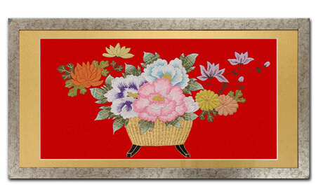 額装用 日本刺繍 「花かご」台生地「赤」×額装「シルバー」[AEBR009]