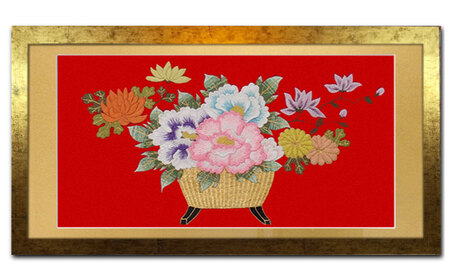 額装用 日本刺繍 「花かご」台生地「赤」×額装「ゴールド」[AEBR010]
