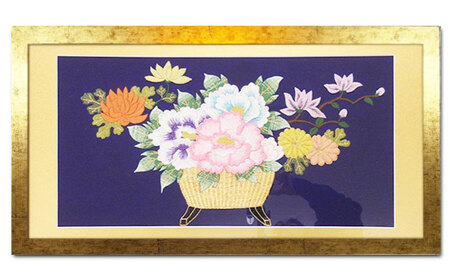 額装用 日本刺繍 「花かご」台生地「紫」×額装「ゴールド」[AEBR012]