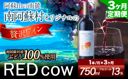 【3ヶ月定期便】南阿蘇村産ぶどう100%使用 赤ワイン RED cow 1本 750ml《お申込み月の翌月から出荷開始》熊本県 南阿蘇村 カベルネ・ソーヴィニヨン ヤマ・ソーヴィニヨン ワイン 酒 お酒 定期 計3回 お届け