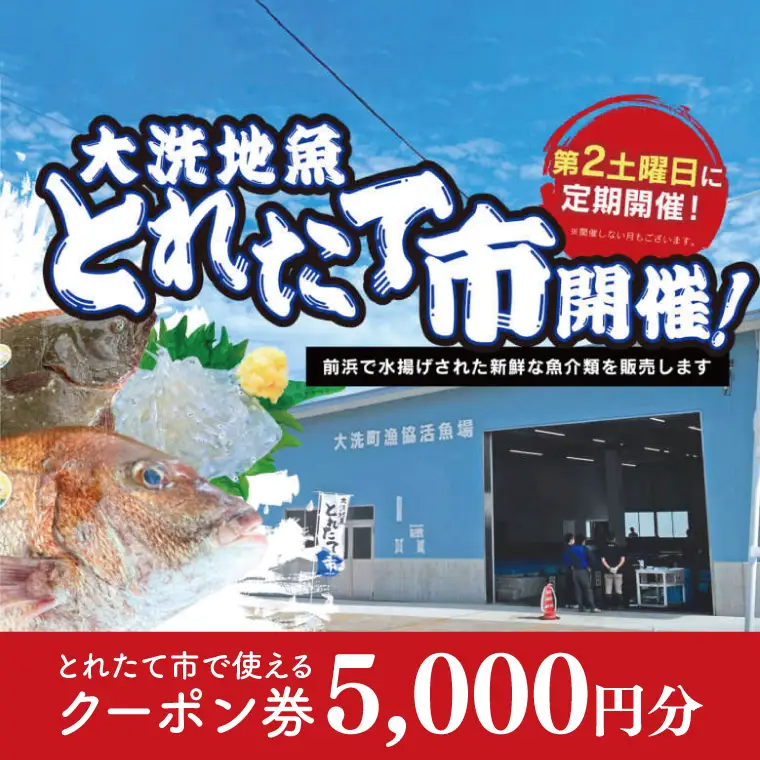 大洗地魚とれたて市クーポン券 5,000円分 (1,000円分×5) 地魚 鮮魚 活魚 朝獲れ 魚介類 漁協 大洗産 大洗 チケット_BQ018