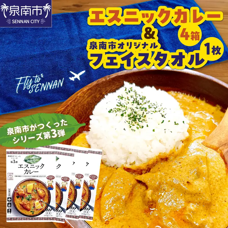 泉南市がつくったシリーズ第3弾「エスニックカレー」4箱＆泉南市オリジナルフェイスタオル 1枚 【059E-005】