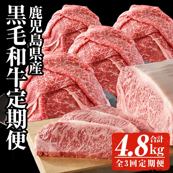＜定期便・全3回(連続)＞ 黒毛和牛 毎月 お届け 鹿児島県産 定期便 (合計4.8kg) 【ナンチク】 T33