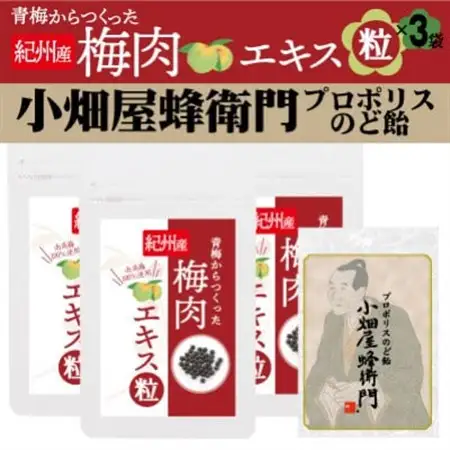 青梅からつくった紀州産梅肉エキス粒×3袋セット+プロポリスのど飴「小畑屋蜂衛門」×1袋_菓子・スイーツ 洋菓子    菓子・スイーツ 和菓子    惣菜・加工品   _【1565571】