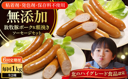 【全6回定期便】【結着剤・発色剤・保存料不使用】 放牧豚 ポークウィンナー・粗挽きウィンナー 計1kg（500g×各1パック） 無添加 無塩せき [AXBA048]