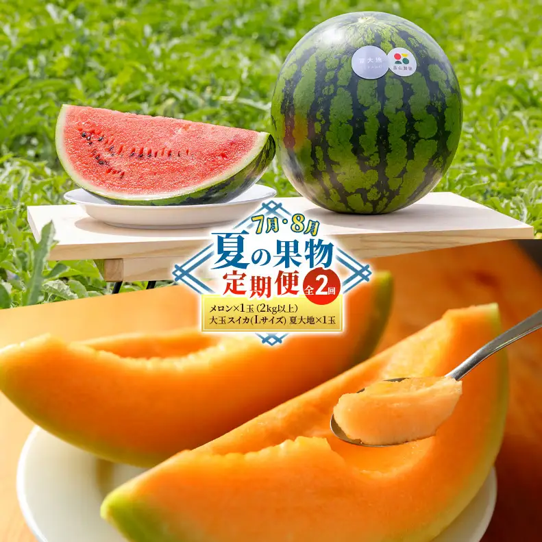 【7・8月 夏の果物 定期便 全2回】2026年夏発送 メロン×1玉 約2kg 大玉スイカ(Lサイズ) 夏大地×1玉 北海道 富良野産 すいか 西瓜 メロン 夏 フルーツ ふらの 甘い 糖度 大玉 ギフト (畠山農園）