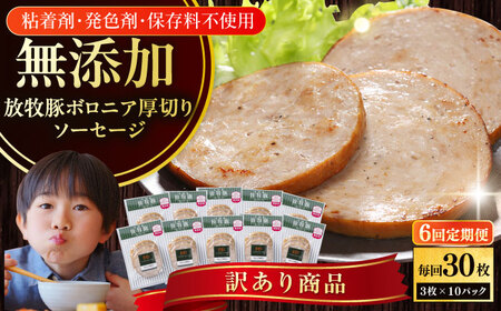 【全6回定期便】【訳あり】【結着剤・発色剤・保存料不使用】 放牧豚 ボロニア厚切りスライスソーセージ 3枚x10セット（130g/パック） 訳あり ソーセージ ウインナー 無塩せき 冷凍配送 セット 詰合せ 北海道 [AXBA080]