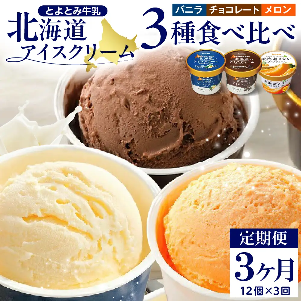 【3か月定期便】とよとみ牛乳 北海道アイスクリーム 3種食べ比べ 110ml×12個
