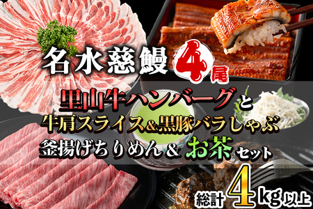 名水慈鰻4尾と牛肩スライス＆黒豚バラしゃぶ＆釜揚げちりめん＆里山牛ハンバーグ＆お茶セット 総計4kg超！ うなぎ 鰻 蒲焼 真空パック 牛肉 豚肉 黒豚 バラ しゃぶしゃぶ ハンバーグ ちりめん しらす ちりめんじゃこ 緑茶 wa0-003