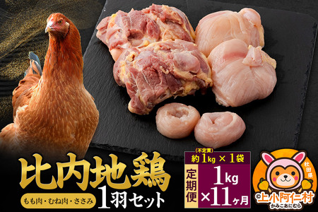 【定期便11ヶ月】比内地鶏 1羽セット(もも・むね・ささみ) 約1kg(不定貫約1kg×1袋) 1キロ 国産 冷凍 正肉 鶏肉 鳥肉
