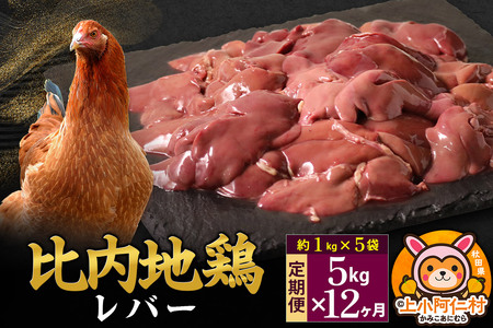 【定期便12ヶ月】比内地鶏 レバー 5kg(1kg×5袋) 5kg 国産 冷凍 鶏肉 鳥肉 とり肉