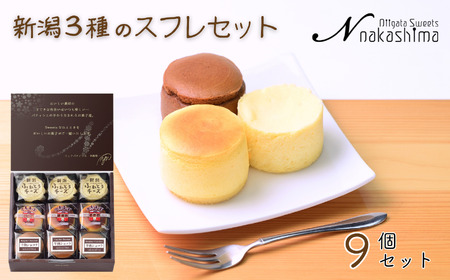 『新潟３種のスフレセット』 9個入り 1箱 人気の大糸チーズ、半熟ショコラ、新潟ふわとろチーズ 優しい味わい ギフトにもおすすめ 新潟県 糸魚川市 ナカシマ のし対応可 チーズケーキ スイーツ 洋菓子 お歳暮 お中元 贈答