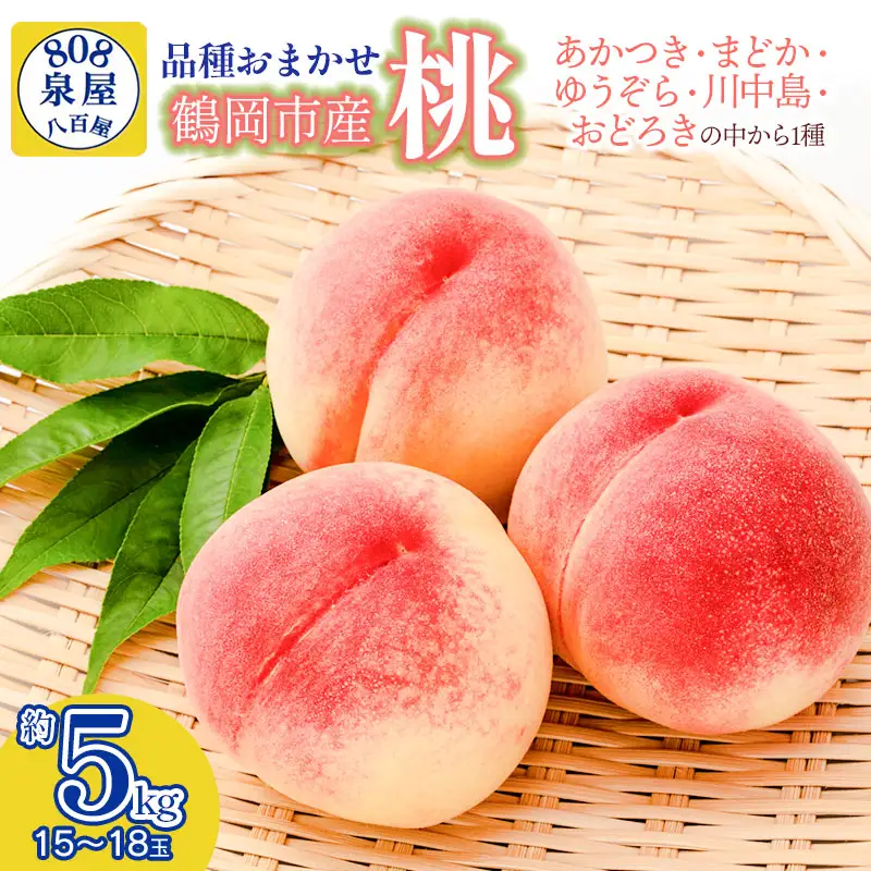 【令和8年産先行予約】鶴岡市産 桃（品種おまかせ）あかつき・まどか・ゆうぞら・川中島・おどろきの中から1種 約5kg（15～18玉）　K-855　泉屋商店