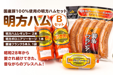 明方ハムBセット（明方ハム レギュラー 2本・明方ボロニアソーセージ 1本・醤油フランク 5本入×1袋）【0059-002】詰合せ ﾊﾑ ｿｰｾｰｼﾞ ﾌﾗﾝｸ 国産 豚肉 農協 ｷﾞﾌﾄ ｾｯﾄ 肉 加工品 ﾌﾟﾚｽﾊﾑ おつまみ ﾊﾑｾｯﾄ