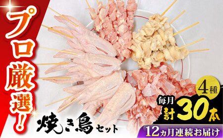 【12回定期便】九州産 鶏三昧 焼き鳥セット 4種類 30本 / やきとり ヤキトリ 焼鳥 串セット 国産 冷凍 小分け / 南島原市 / ふるさと企画[SBA083]