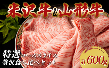 米沢牛・山形牛 特選ローススライス 贅沢食べ比べセット合計600g（300g×2パック） F2Y-3887