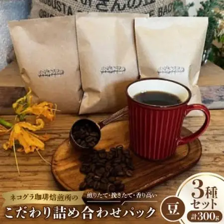 【豆3種合計300g】ネコグラ珈琲焙煎所の煎りたて挽きたて香り高いこだわり3種詰め合わせパック_飲料・ドリンク コーヒー豆 コーヒー・コーヒー豆 珈琲 珈琲豆_【1588567】