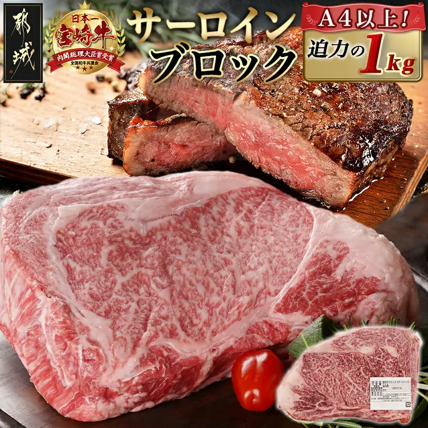 宮崎牛サーロインブロック(1kg)〔38-N401〕_(都城市) 宮崎県産 宮崎牛 サーロイン ステーキ 焼肉 BBQ 4等級以上 サシ  ブロック 1㎏