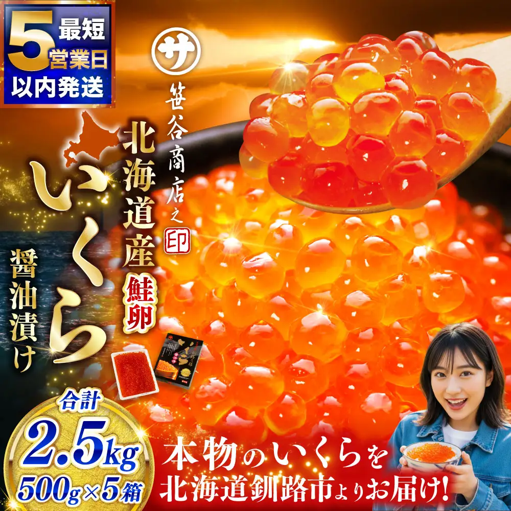 【5営業日以内発送】笹谷商店 北海道産 いくら イクラ (鮭) 500g×5箱 2.5kg 2,500g 魚 醤油漬け 海鮮醤油漬け 海鮮 海鮮丼 ギフト 冷凍 魚卵 魚介類 しょう油漬 ご飯のお供 