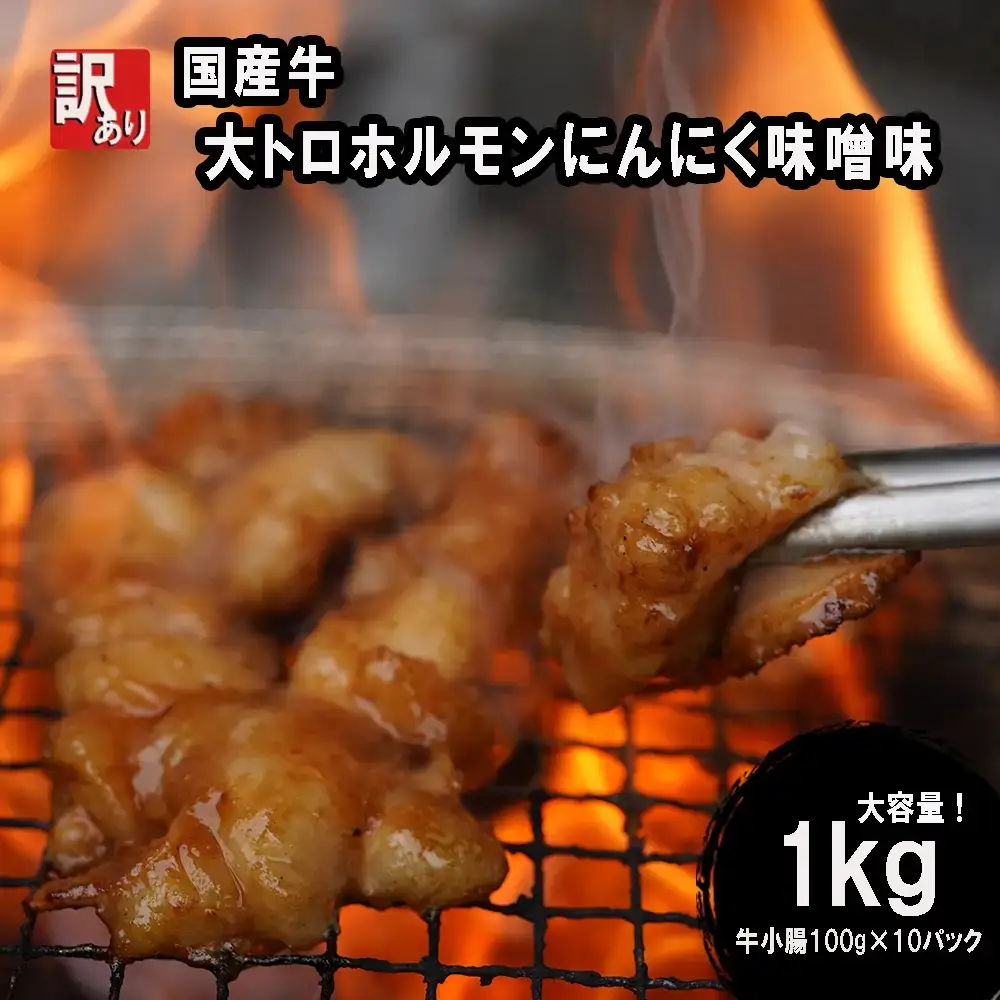 【 訳あり 】大トロホルモン にんにく味噌 1kg にんにく 味噌味 ミックス ホルモン 焼き 焼肉 味付 小分け 冷凍 味噌だれ おつまみ 国産 牛 肉