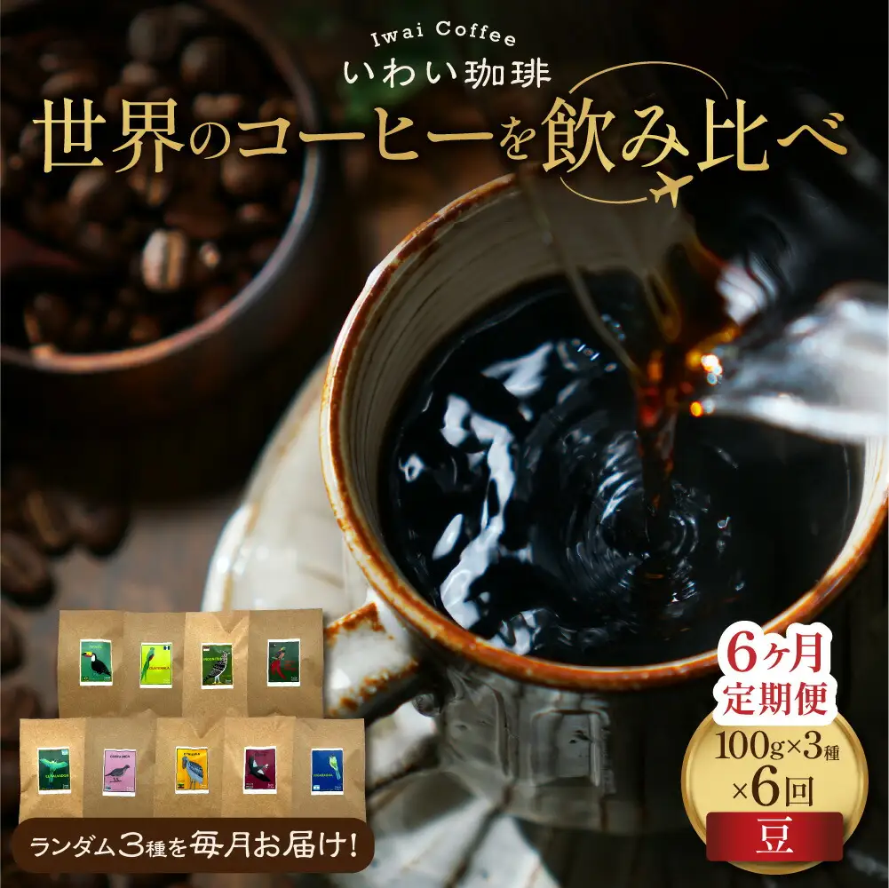 【定期便】世界のコーヒーを飲み比べ 定期便 全6ヶ月　店主厳選 珈琲 3種セット 毎月 100g × 3袋 6回 合計 1.8kg　いわい珈琲　シングルオリジン300g（豆）