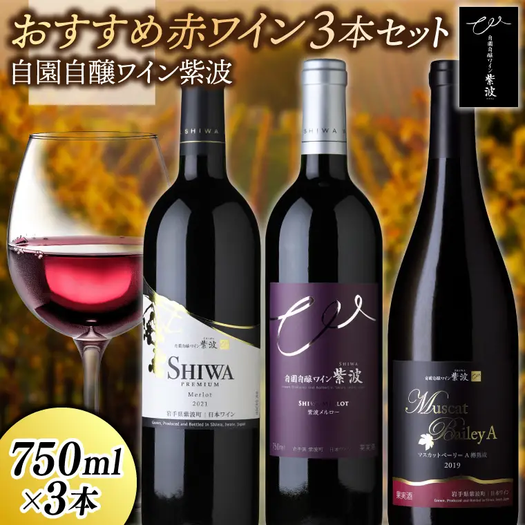 おすすめ赤ワイン３本セット【マスカットベーリーＡ樽熟成・プレミアムメルロー・メルロー】 (AL089) ワイン 辛口 赤 ブドウ 国産ワイン 自園自醸ワイン 日本ワイン 紫波町 【26/6限定】