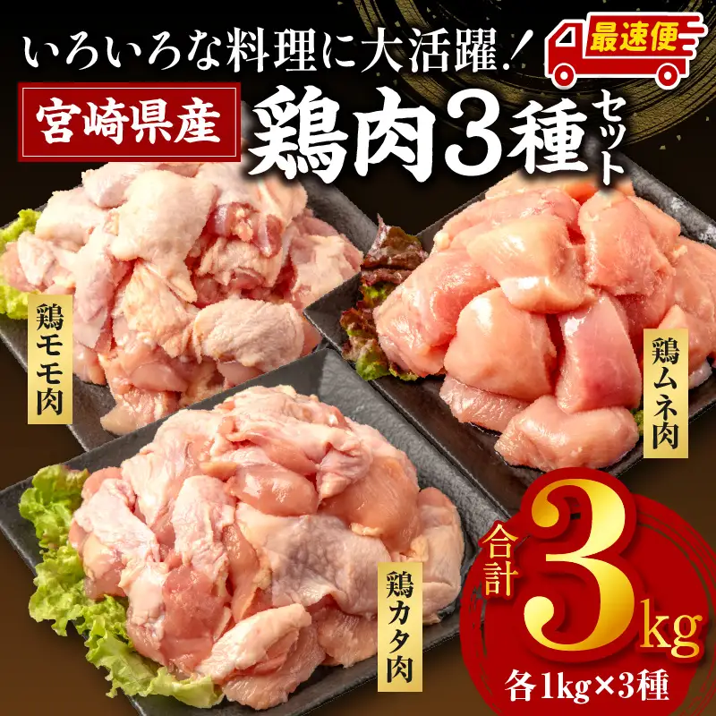 鶏肉 もも肉 むね肉 カタ 3種 鶏肉[宮崎県産 若鶏 3kg 最速便 250g×12P]