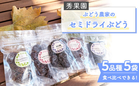 【秀果園】ぶどう農家のセミドライぶどう5品種5袋(各50g)|巨峰、シャインマスカット、ナガノパープルなど　レーズン 砂糖不使用 無添加