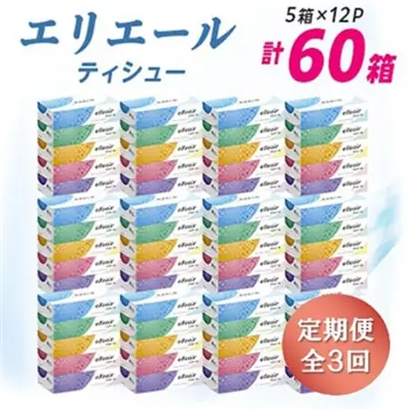 【3ヵ月毎定期便】エリエール ティシュー 180組5箱×12パック(60箱) 全3回【配送不可地域：離島・北海道・沖縄県】【4013083】