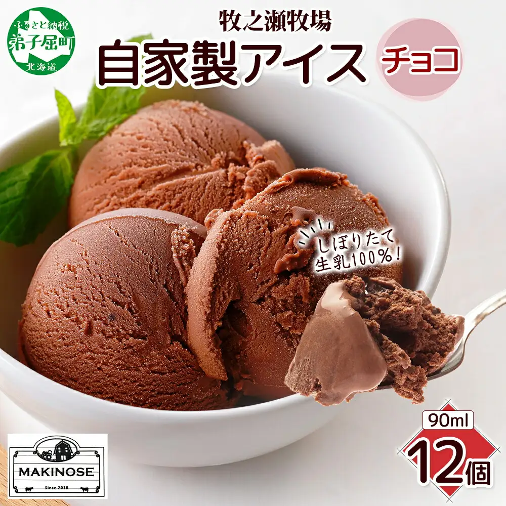 3221. 牧之瀬牧場 自家製アイス チョコ 90ml 12個 アイス 氷菓子 チョコ味 チョコレート フレーバー 牧場 手作り セット おやつ デザート スイーツ 冷凍 ギフト 送料無料 北海道 弟子屈町