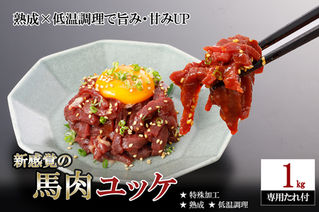 【阿蘇牧場】馬肉 ユッケ 細切り 1000g 1kg 熟成 低温調理 希少 旨み 甘み 焼いたらもっと美味しい 旨みたっぷり 小分け 食べきり 酒のつまみ 酒の肴 おかず 専用タレ付 熊本県小国町