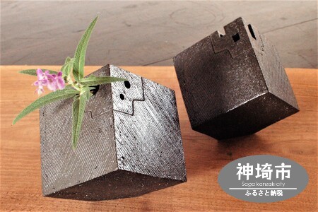 花器 キューブ(中) 黒 (H038109)