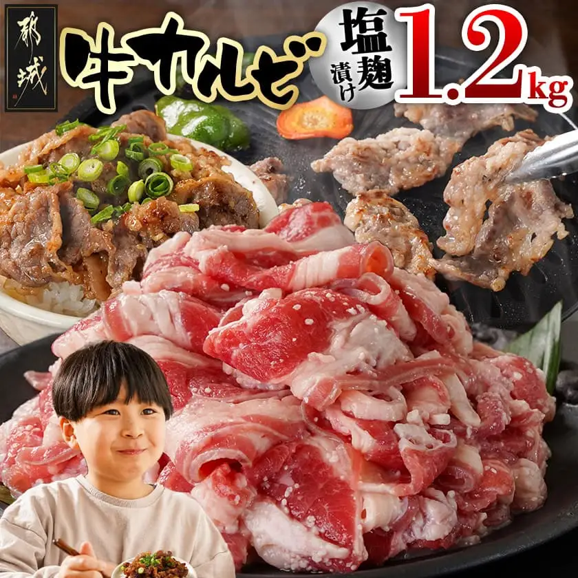 牛カルビ 塩麹タレ漬け1.2kg〔LG-33-022-1200g〕_(都城市)  味付き牛カルビ 300g×4パック 真空 小分け 1200g
