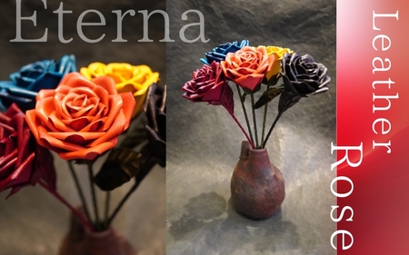 Eterna -Leather Rose- カラー 青 ／ 国産 革 レザー ローズ バラ 造花 アートフラワー 小物 インテリア 記念日 プレゼント 奈良県 葛城市【area001-blue】