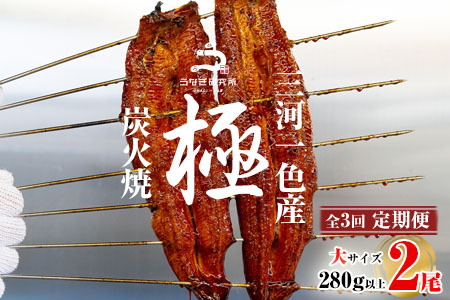 【期間限定】【定期便】三河一色産うなぎ蒲焼大2尾(計280g以上)×3回・R012-48
