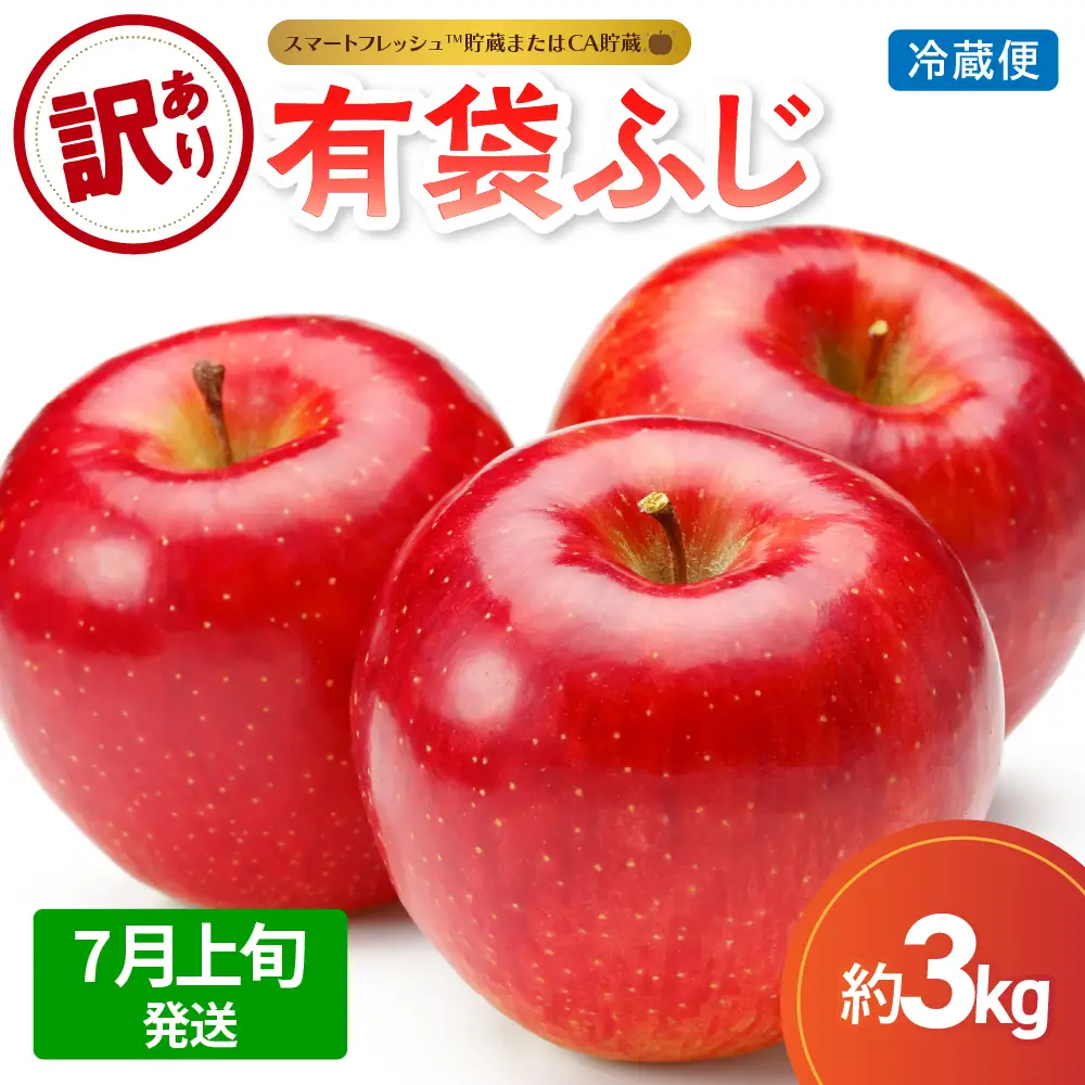 【2026年7月上旬発送】【訳あり】りんご 3kg 有袋ふじ 【スマートフレッシュTM貯蔵またはCA貯蔵・クール便】