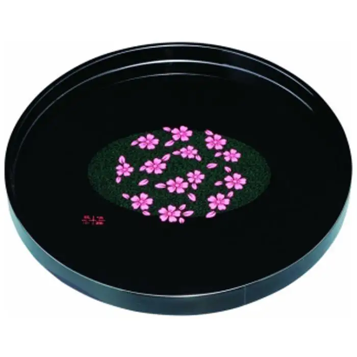 木製丸盆 30cm 黒 花咲小路【YG393】