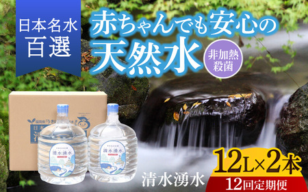 【12回お届け】赤ちゃんも安心して飲める 清水湧水 軟水 ウォーターサーバー用ボトル 12L 2本 U027-3DR-WT12-12