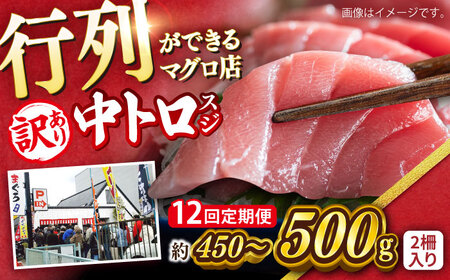 【全12回定期便】【訳あり】天然 本まぐろ 中トロ（約450~500g（2柵入り））【横須賀商工会議所 おもてなしギフト事務局（本まぐろ直売所 横須賀本店）】[AKAK089]