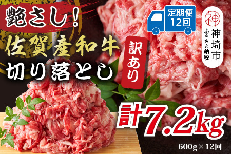 【12か月定期便】訳あり佐賀産和牛切り落とし 600g×12回(H112317)