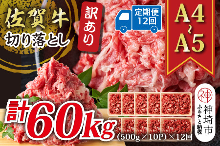 【12か月定期便】訳あり【A4～A5】佐賀牛切り落とし 5kg(小分け)×12回(H112326)