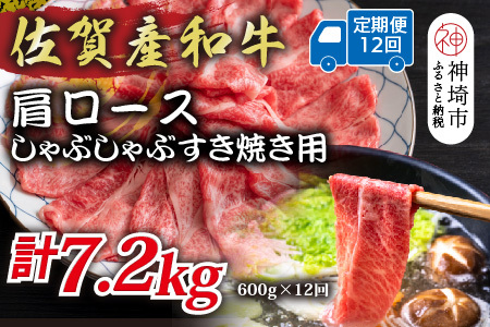 【12か月定期便】佐賀産和牛肩ロースしゃぶしゃぶすき焼き用 600g×12回(H112335)