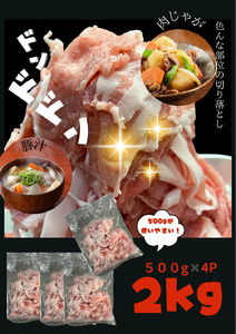 A1-0439／【訳あり】鹿児島県産 豚肉 切り落とし 2kg（500g×4P）