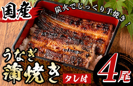 国産！うなぎ蒲焼き(4尾・タレ付き) 国産 九州産 鹿児島県 宮崎県 鰻 ウナギ unagi うな重 うな丼 ひつまぶし うなじゅう 蒲焼 かばやき 白焼 しらやき 無頭 魚 魚介類 土用 丑の日 タレ タレ付 おかず 惣菜 冷蔵 特産品 お土産 ギフト プレゼント ご贈答用 【尾方屋】_y511