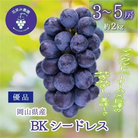 岡山　花笑み農園の『BKシードレス』優品　約2kg(3～5房)　B-2優【配送不可地域：離島・北海道・沖縄県】【1593502】