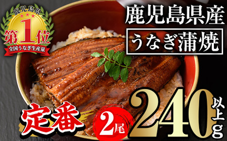 無投薬 鹿児島県産 うなぎ 蒲焼 セット ＜定番＞(計240g以上・ 約120g×2尾) タレ・山椒付き【西日本養鰻】A730