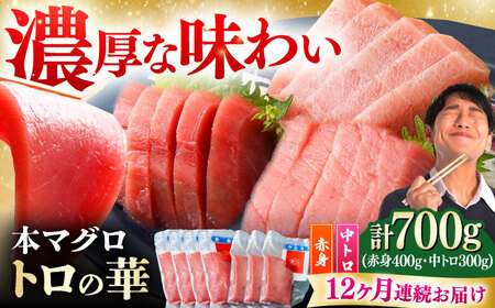 【全12回定期便】対馬産 本マグロ 700g（赤身400g、中トロ300g） トロの華 対馬 新鮮 マグロ トロ 鮪 刺身 [WAQ050]