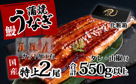 うなぎ 国産 特上 ウなぎ 蒲焼き 2尾カット 550g 化粧箱